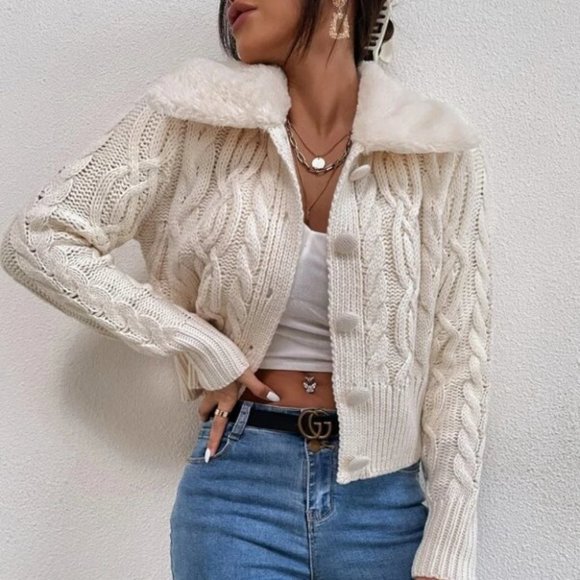 BEIGE TEDDY COLLAR BUTTON DOWN CABLE KNIT CARDIGAN - Picture 3 of 5